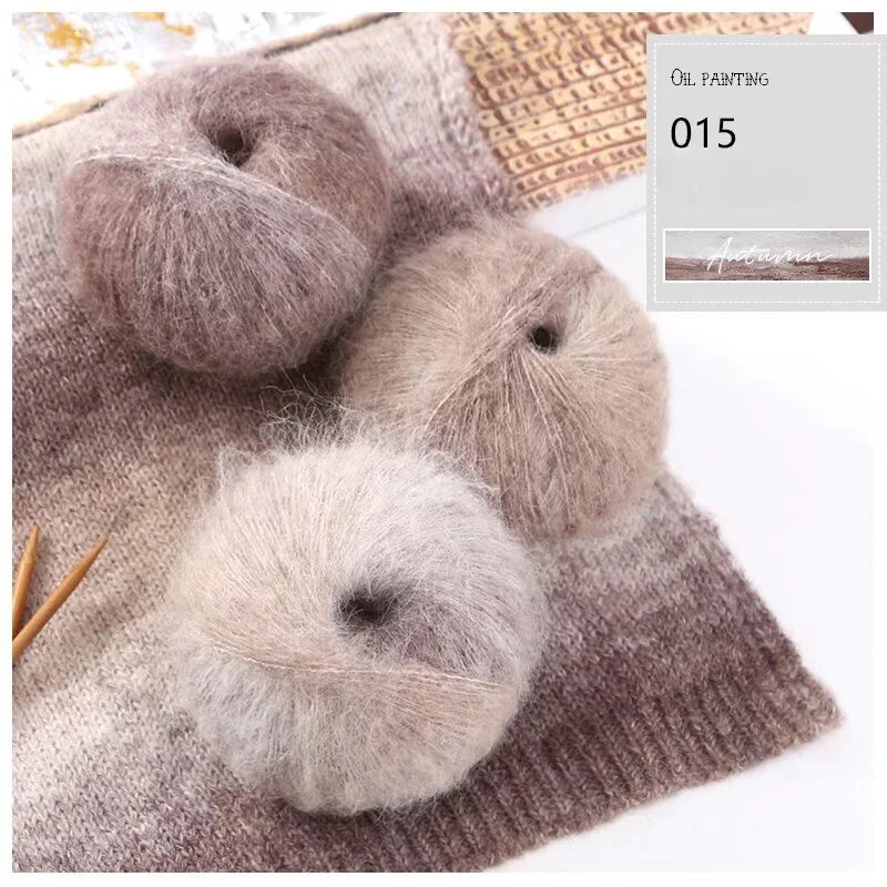 Oil painting wind gradual change segment dye rainbow mohair thread hand woven scarf DIY shawl sweater fine wool