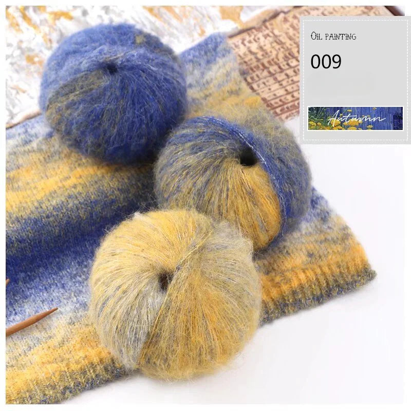 Oil painting wind gradual change segment dye rainbow mohair thread hand woven scarf DIY shawl sweater fine wool