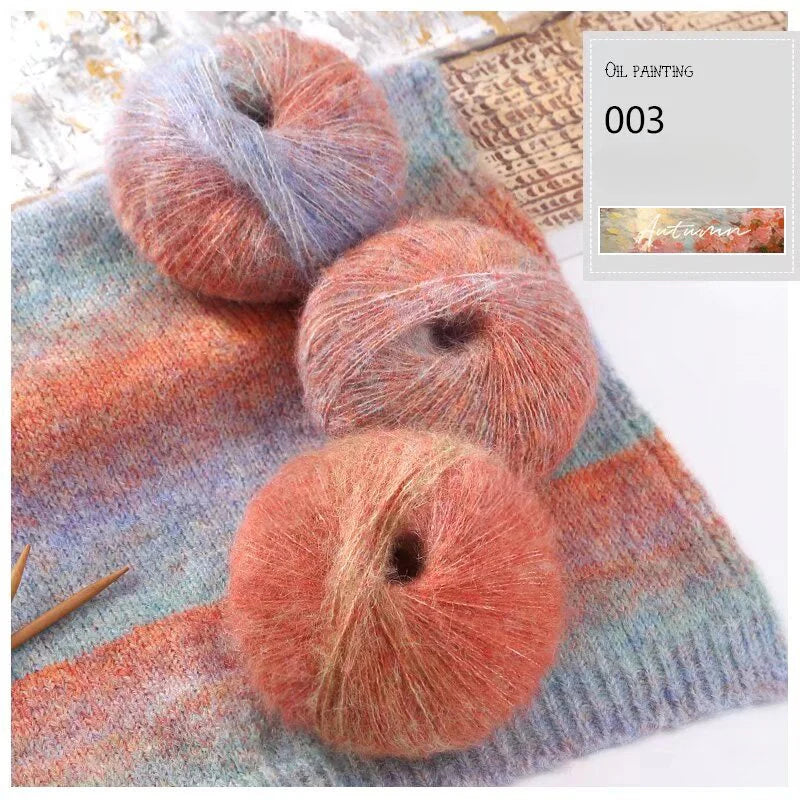 Oil painting wind gradual change segment dye rainbow mohair thread hand woven scarf DIY shawl sweater fine wool