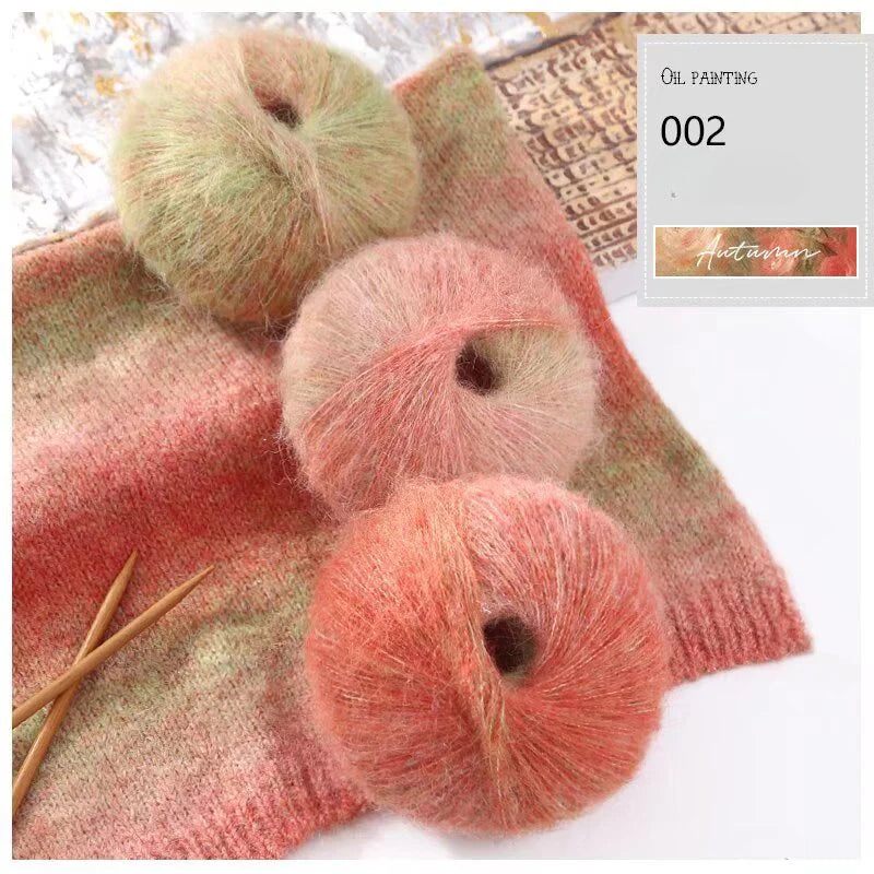 Oil painting wind gradual change segment dye rainbow mohair thread hand woven scarf DIY shawl sweater fine wool