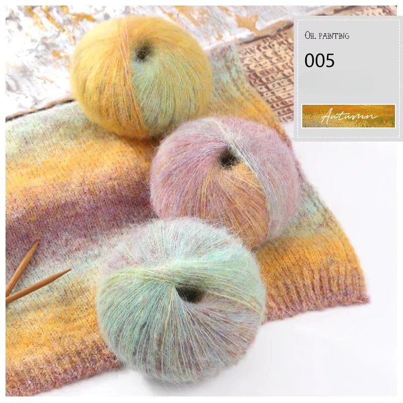 Oil painting wind gradual change segment dye rainbow mohair thread hand woven scarf DIY shawl sweater fine wool