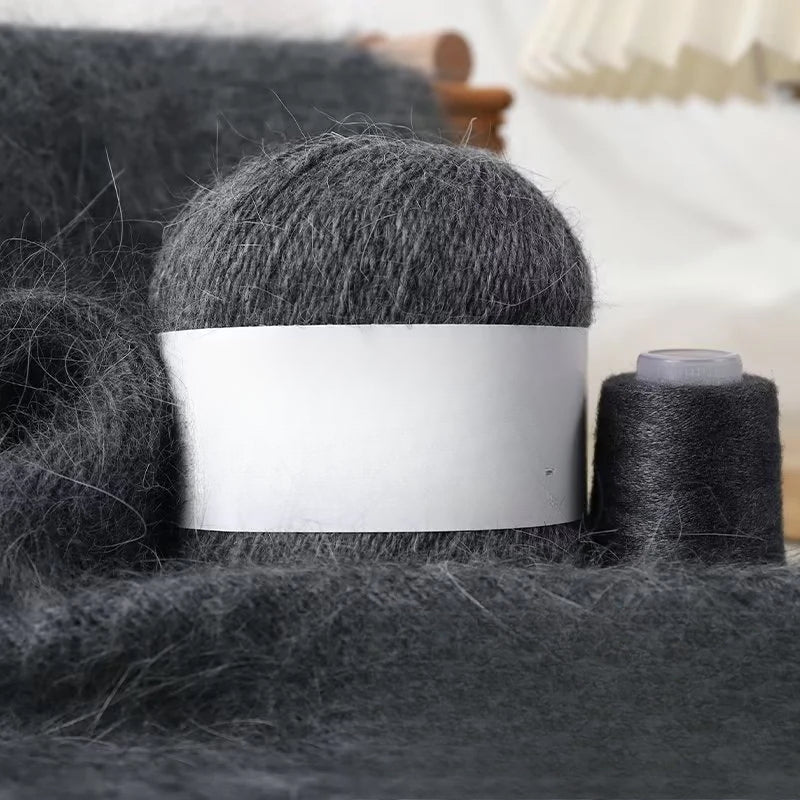Long-haired mink wool, hand-knitted cashmere knitted hat jacket, woven medium-coarse mink scarf cashmere thread