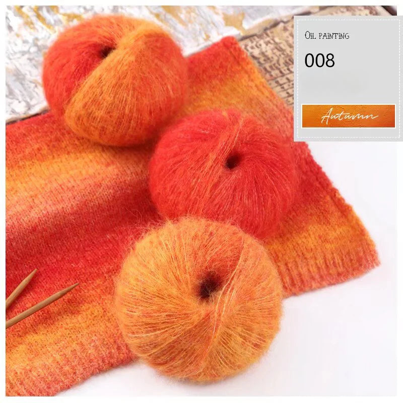 Oil painting wind gradual change segment dye rainbow mohair thread hand woven scarf DIY shawl sweater fine wool