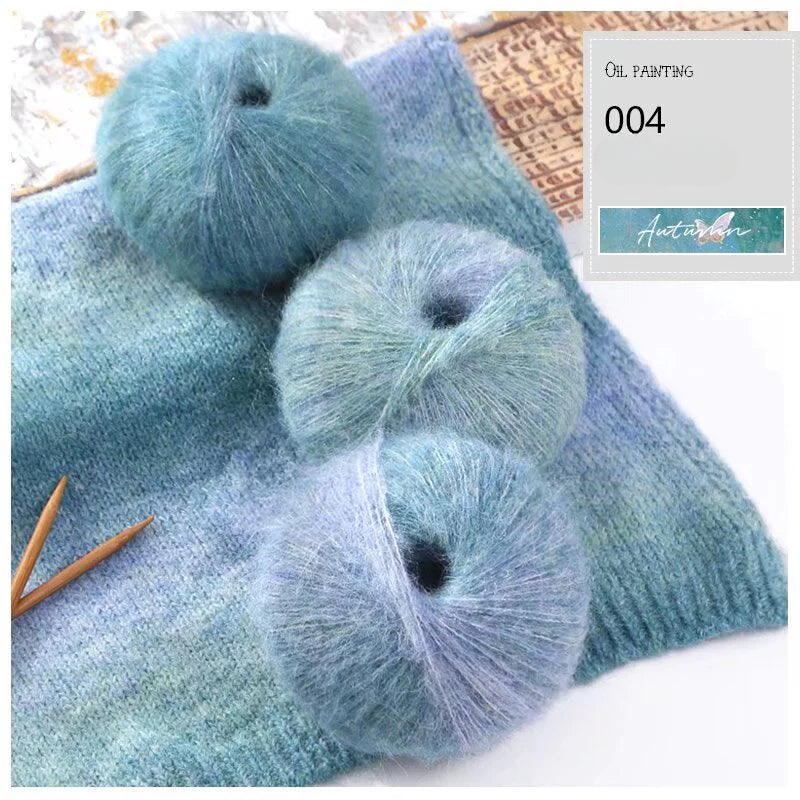 Oil painting wind gradual change segment dye rainbow mohair thread hand woven scarf DIY shawl sweater fine wool