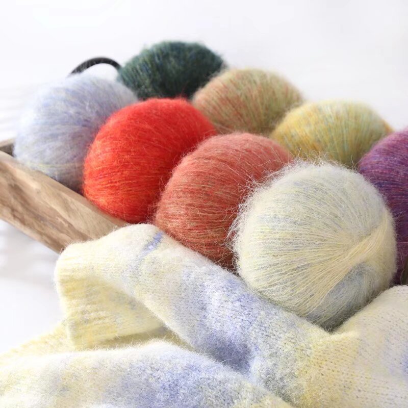 Oil painting wind gradual change segment dye rainbow mohair thread hand woven scarf DIY shawl sweater fine wool