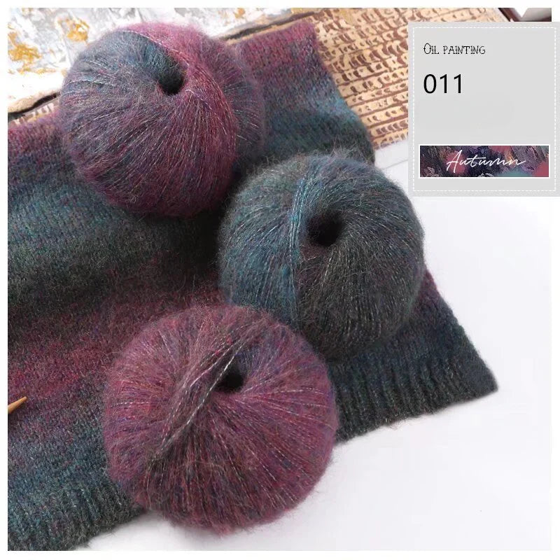 Oil painting wind gradual change segment dye rainbow mohair thread hand woven scarf DIY shawl sweater fine wool