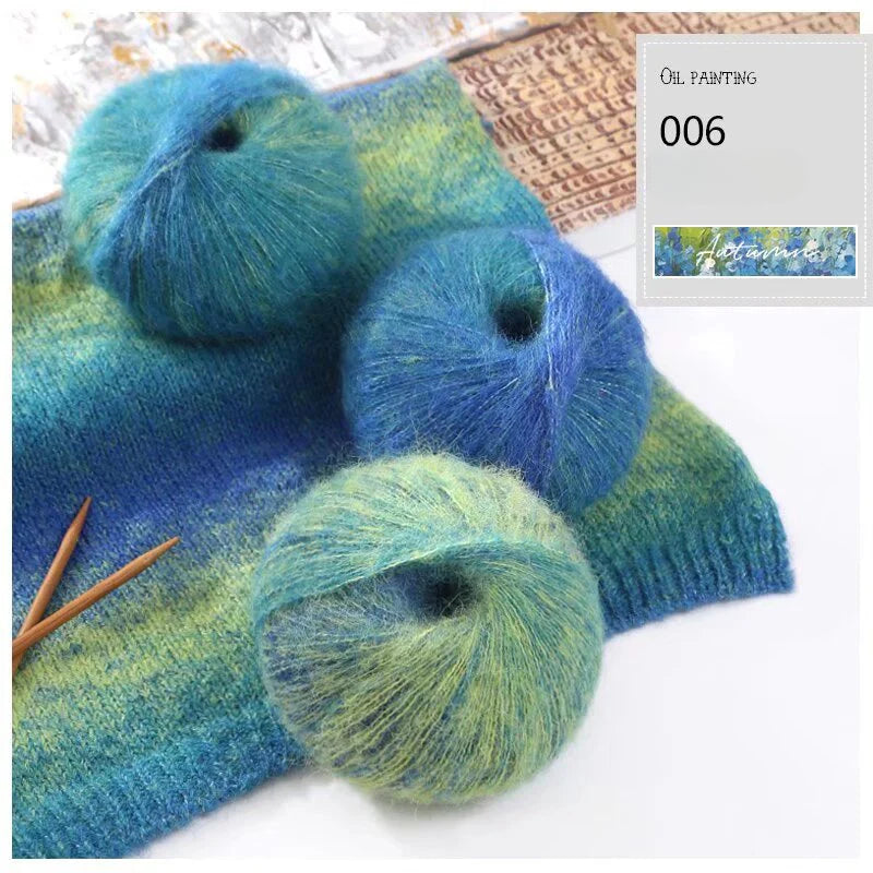 Oil painting wind gradual change segment dye rainbow mohair thread hand woven scarf DIY shawl sweater fine wool