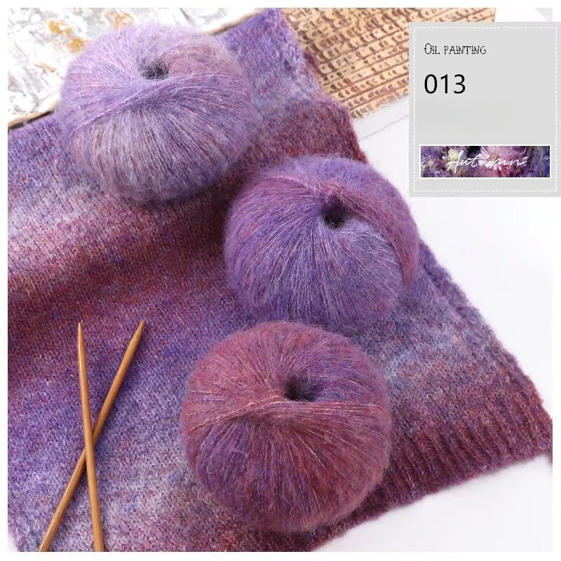 Oil painting wind gradual change segment dye rainbow mohair thread hand woven scarf DIY shawl sweater fine wool