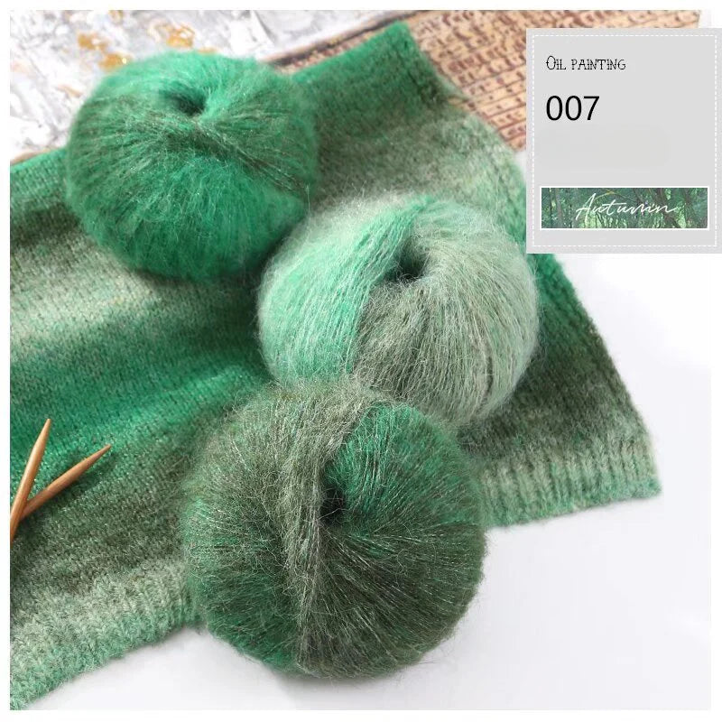 Oil painting wind gradual change segment dye rainbow mohair thread hand woven scarf DIY shawl sweater fine wool