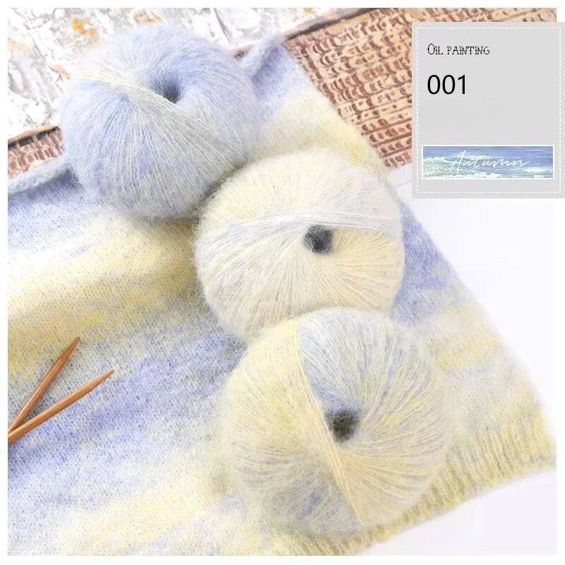 Oil painting wind gradual change segment dye rainbow mohair thread hand woven scarf DIY shawl sweater fine wool