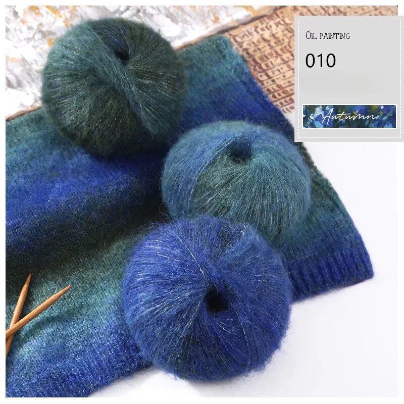 Oil painting wind gradual change segment dye rainbow mohair thread hand woven scarf DIY shawl sweater fine wool